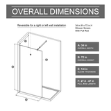 34.in W x 72.in H Shower Door Fixed, 1/4 inch Thick Black Gradient Tempered Glass Shower Door with W3048P353735