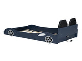 Wood Twin Size Race Car-Shaped Platform Bed with LED and Upholstered Backrest, Blue 38200943