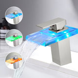 Bathroom Sink Faucet LED Light 3 Colors Changing Waterfall Glass Spout Hot Cold Water Mixer Single W1932P148105