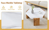 31-inch white marble-textured pentagonal coffee table - wooden triangular base, with a load-bearing W2920P294340