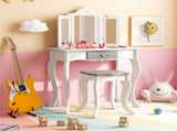 White Kids Vanity Set with Tri-Folding Acrylic Mirror & Drawer, 2-in-1 Convertible Design 97337037