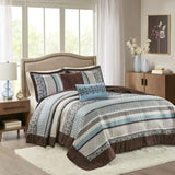 5 Piece Reversible Jacquard Bedspread Set Blue Queen B03597646