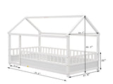 Twin Size Floor Wooden Bed with House Roof Frame, Fence Guardrails,White W1858123984