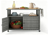 Outdoor Wicker Storage Cabinet, Solid Acacia Wood Patio Bar Cart with Lockable Universal Wheels, 70797821