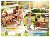 Toddler Wooden Play Food Truck Cart on Wheels, All-in-One Grocery Stand with Storage Cabinet Box, 33919502