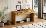 TREXM Curved Table with Storage, Wooden Entryway Table with 2 Drawers, Farmhouse Rustic N715P244723D