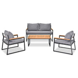 ZNTS 4 Piece Outdoor Patio Lounge Conversation Set, Metal Frame with Acacia Wood Armrest & Tabletop 48002606