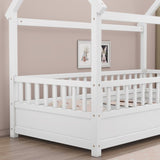 ZNTS Twin Size Floor Wooden Bed with House Roof Frame, Fence Guardrails,White W1858123984