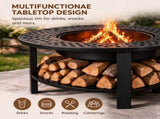 37in Round Double-Layer Wood- Pit with Mesh Grate, Black, with Attached Table Top 03927709