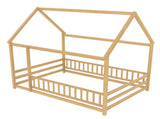 Full Size Floor Wooden Bed with House Roof Frame, Fence Guardrails,Natural W1858P389982
