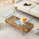 43.3 Inch Modern Two-Tier Coffee Table - Clear Tempered Glass and Natural Wood Grain, W1151P232622
