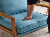 Mid-Century Oak Accent Chair - Linen-Cotton Navy Blue Upholstered Single Lounge Chair, Indoor 88345572
