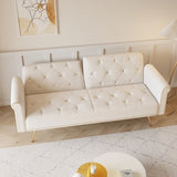 A 69.7-inch-long sofa bed covered in beige velvet fabric, featuring nail head trim and accompanied W3356P298442