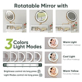 White Makeup Vanity Desk with Round Mirror and Lights, 2 in 1 Nightstand, Dressing Table with a W1706P236679