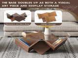 The Round Coffee Table with Glass Top and Geometric Abstract Art Deco Base Storage Shelves, Walnut, N735P350383D