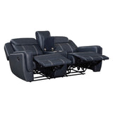 ZNTS Modern Blue Dual Reclining Loveseat with Center Console, Breathable Faux Leather Upholstery, USB B011P228163