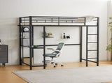 Twin Size Metal Loft Bed with Desk and Storage Shelves, 2 Built-in Ladders & Guardrails, Loft Bed 24084239
