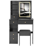 Small Size Left Drawer Desktop Vanity Table Cushioned Stool, Touch Control Sliding LED Mirror, W936P202449