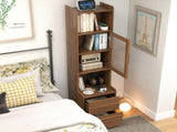 Tall Narrow Nightstand with Open Shelves, Glass Door Cabinet & 2 Drawers, Bedside Cabinet for Small W331P532626