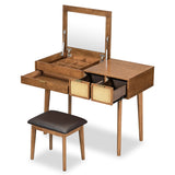 43.3" Classic Wood Makeup Vanity Set with Flip-top Mirror and Stool, Dressing Table with Three N704P165645