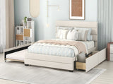 Queen Upholstered Platform Bed with Twin Size Trundle and Two Drawers, Beige 25388983