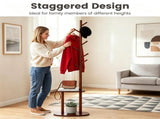 Freestanding Wooden Coat Rack with 8 Staggered Hooks & 2 Storage Shelves, Rubber Wood Hall Tree 96110880