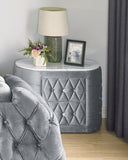 1pc Oval Faux Marble Top Nightstand 2- Drawers Storage Gray Finish Button Tufted Faux Crystal Tufted B011P266091