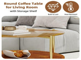 Luxurious Round Coffee Table with-Tinted Tempered Glass Top Walnut Wood Storage Shelf, Sturdy W1935P457159
