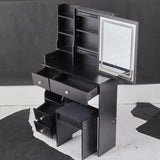 Small Size Left Drawer Desktop Vanity Table Cushioned Stool, Touch Control Sliding LED Mirror, W936P226035