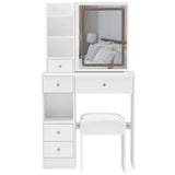 Small Size Left Drawer Desktop Vanity Table Cushioned Stool, Touch Control Sliding LED Mirror, W936P202317