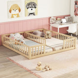 Double Twin Floor Bed with Fence, Guardrails, without door, Natural W504P143287