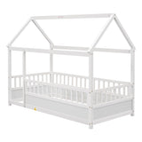 ZNTS Twin Size Floor Wooden Bed with House Roof Frame, Fence Guardrails,White 80284978