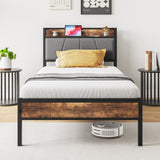 Twin Size Bed Frame, Storage Headboard with Charging Station, Solid and Stable, Noise Free, No Box W840120026