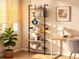 6Tier Freestanding Ladder Bookshelf, Metal Frame Storage Shelf, Rustic Brown Open Display Rack for 21042841