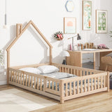 Full House-Shaped Headboard Floor Bed with Fence,Natural W504119482