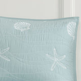 4 Piece Cotton Reversible Embroidered Quilt Set with Throw Pillow Aqua Full/Queen B03595790