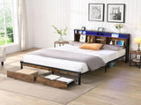 Queen Size Metal Platform Bed Frame with Wooden Headboard and with Footboard USB,Charging Station,2 W311P167043