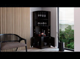 Corner bar cabinet 71" H, with two shelves at the top, 1 glass holder, 8 exterior bottle racks, 1 B097132993