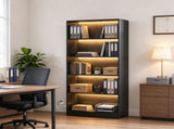 Black Wood Grain 5-Tier Bookshelf with LED Lights, Bookcase with Cable Holes for Living Room & Study 41609968