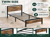 Twin Size Metal Bed Frame, 3-Panel Fire Burnt Brown Wood Grain Headboard with LED Light & Charging 06892471