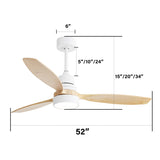 52 Inch Indoor Modern Ceiling Fan White 3 Solid Wood Blades Remote Control Reversible DC Motor With W882P146309