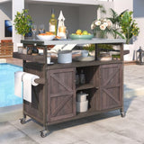 ZNTS Outdoor Kitchen Island, Rolling Bar Cart & Storage Cabinet, Farmhouse Solid Wood Outdoor Grill Table 77847849