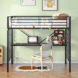 Twin Metal Loft Bed with Desk, Power Outlet and LED Lighted , Safety Guard & Ladder, No Box Spring W840P192240