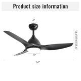52 Inch Ceiling Fan with Light and 6-speed Remote Control 3 ABS Fan Blades Black for Bredoom Patio W934P211218
