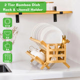 Collapsible 2-Tier Bamboo Dish Drying Rack Foldable Wooden Dish Drainer with Utensil Holder, 68313155