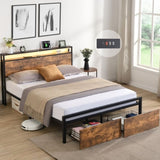 Full Size Bed Frame with Storage Headboard and 2 Drawers, LED Lights Bed with Charging Station, W1916126252
