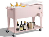 80QT Pink Patio Rolling Cooler Cart, Outdoor Insulated Ice Chest with Lockable 85524372
