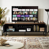 63 Inch Mid Century Modern TV Stand with Slatted Grille Striped Doors, TV Stand with Storage, W578P193305