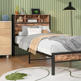 Twin Size Bed Frame with Storage Headboard, Metal Platform Bed with Charging Station, Bookcase W840P192226