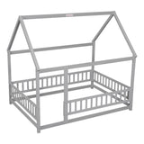 ZNTS Full Size Floor Wooden Bed with House Roof Frame, Fence Guardrails ,Grey 34864864